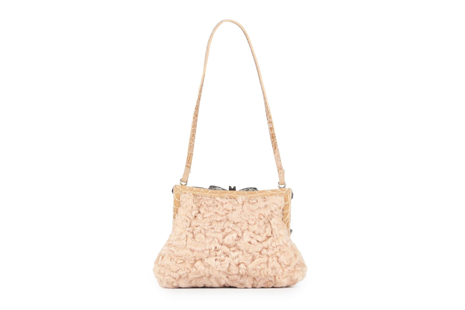 VALENTINO GARAVANI PINK VINTAGE CROCODILE AND PERSIAN LAMB TOTE BAG