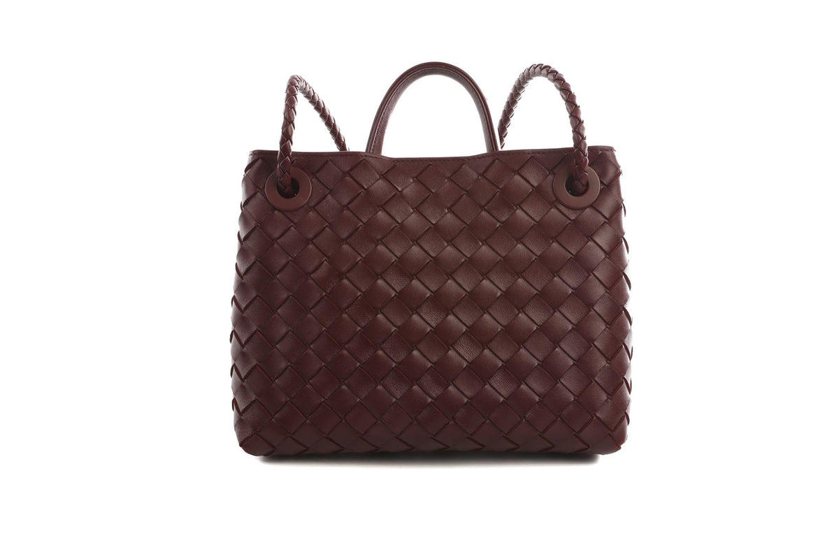BOTTEGA VENETA BURGUNDY ANDIAMO SMALL INTRECCIATO LEATHER TOTE BAG
