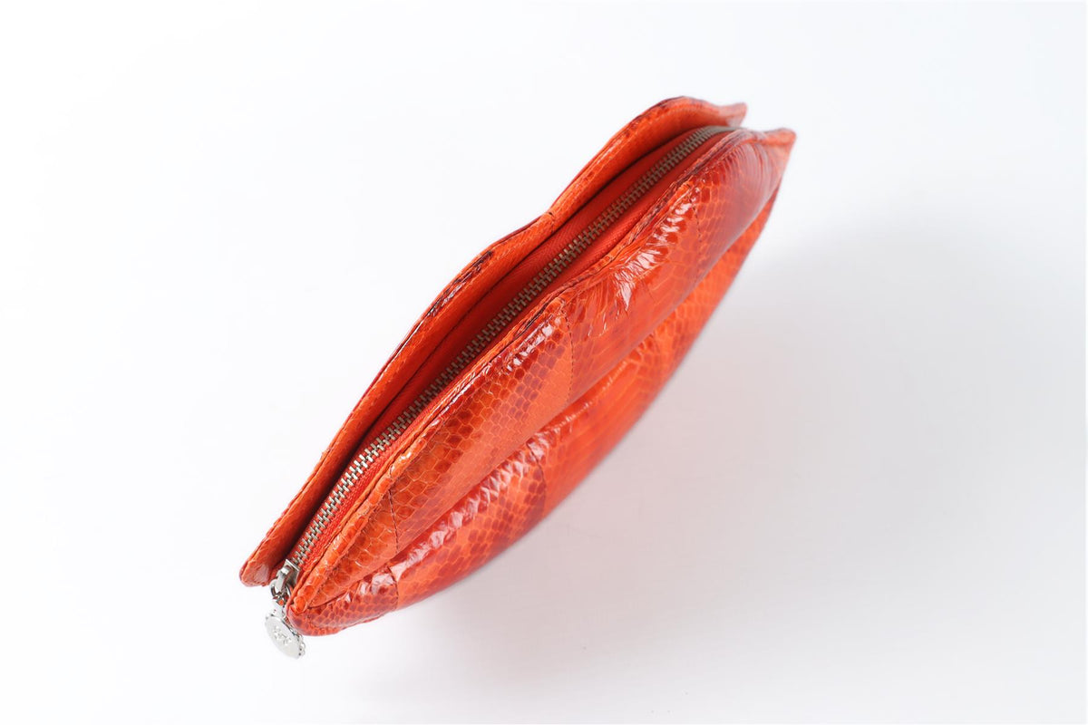 LULU GUINNESS ORANGE LIPS SNAKESKIN CLUTCH