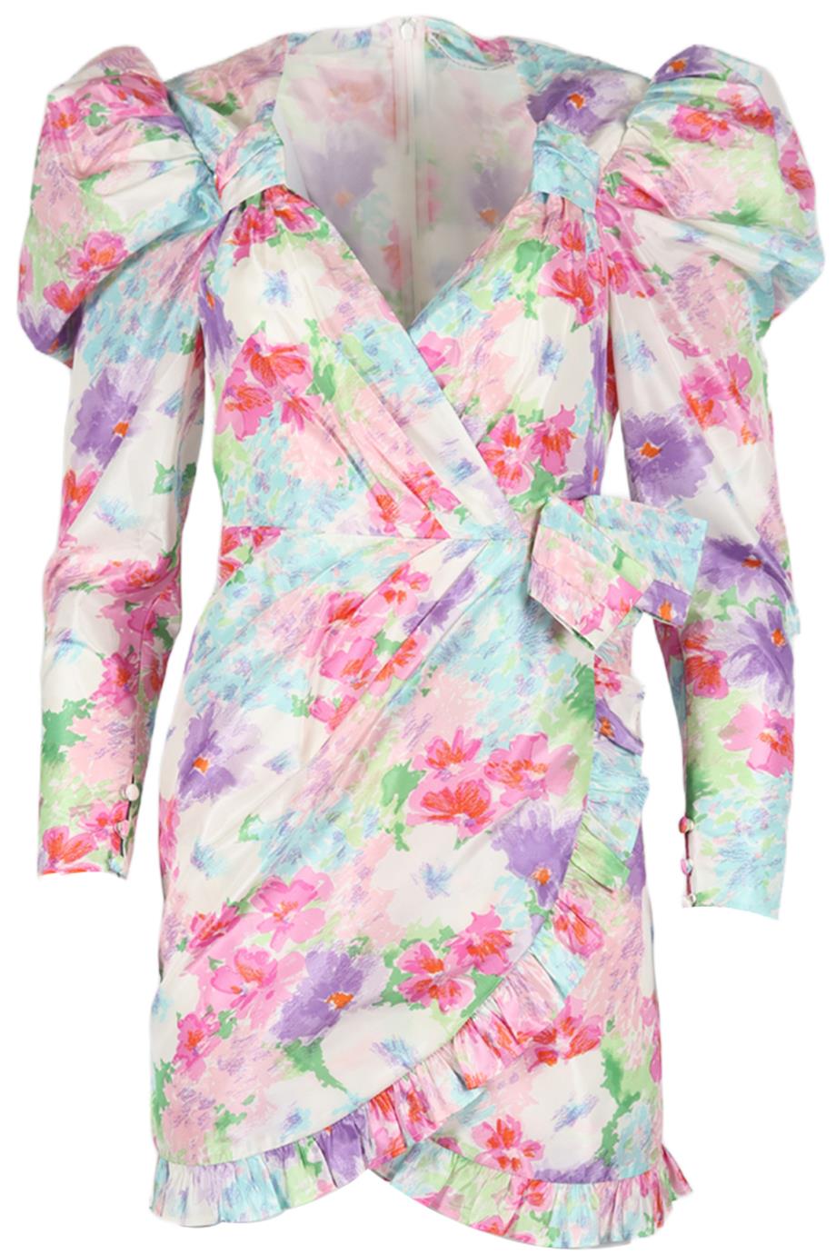 ALESSANDRA RICH RUFFLED FLORAL PRINT SILK MINI DRESS IT 40 UK 8