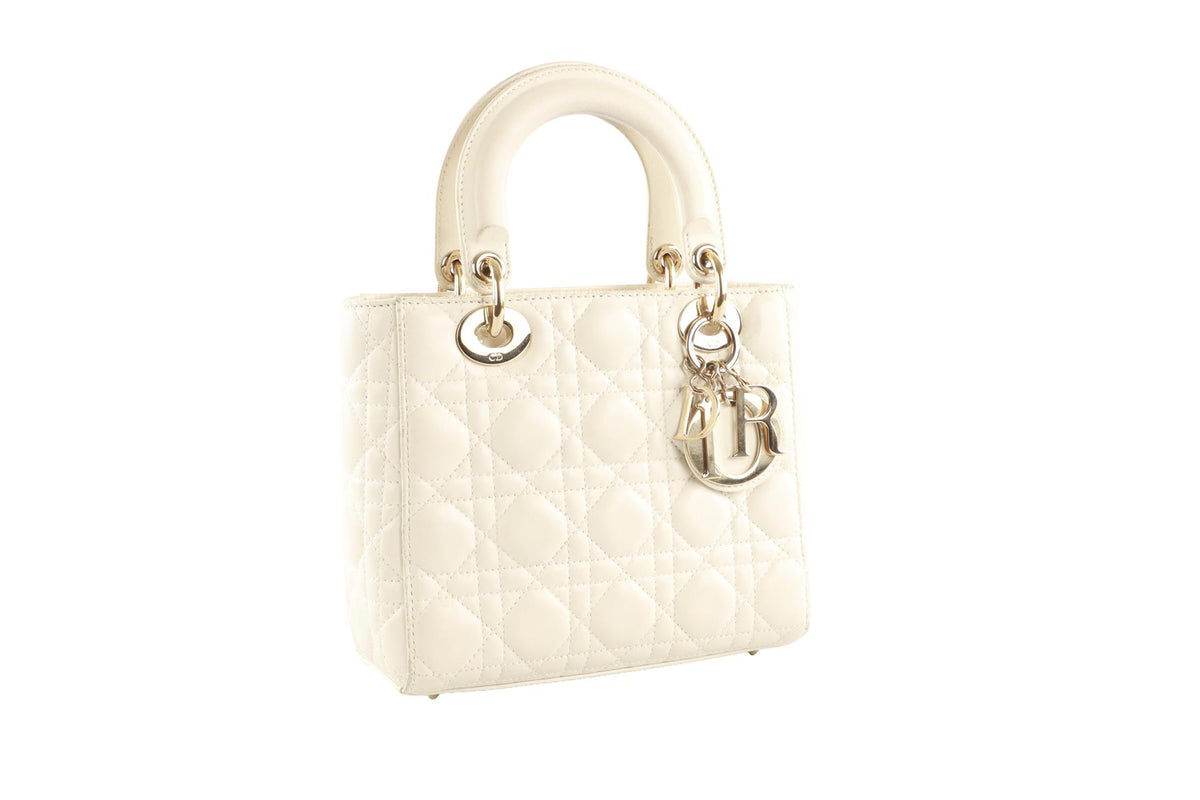CHRISTIAN DIOR ECRU LADY DIOR MY ABCDIOR SMALL CANNAGE LEATHER TOTE BAG