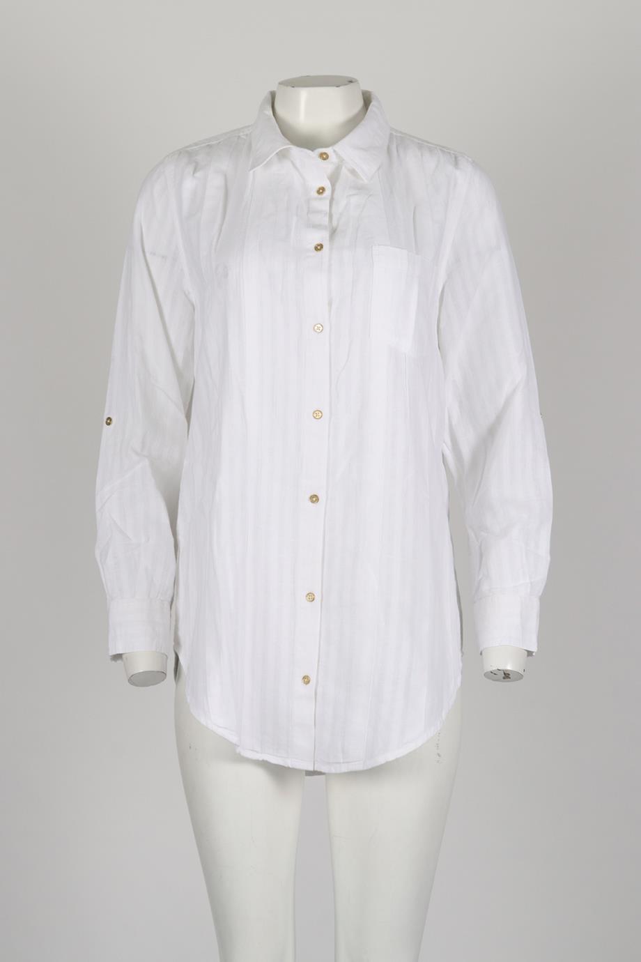 SOLID AND STRIPED COTTON AND LINEN BLEND SHIRT SMALL