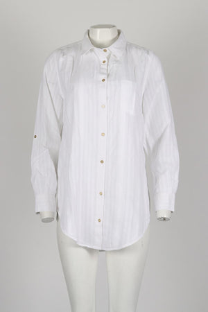 SOLID AND STRIPED COTTON AND LINEN BLEND SHIRT SMALL