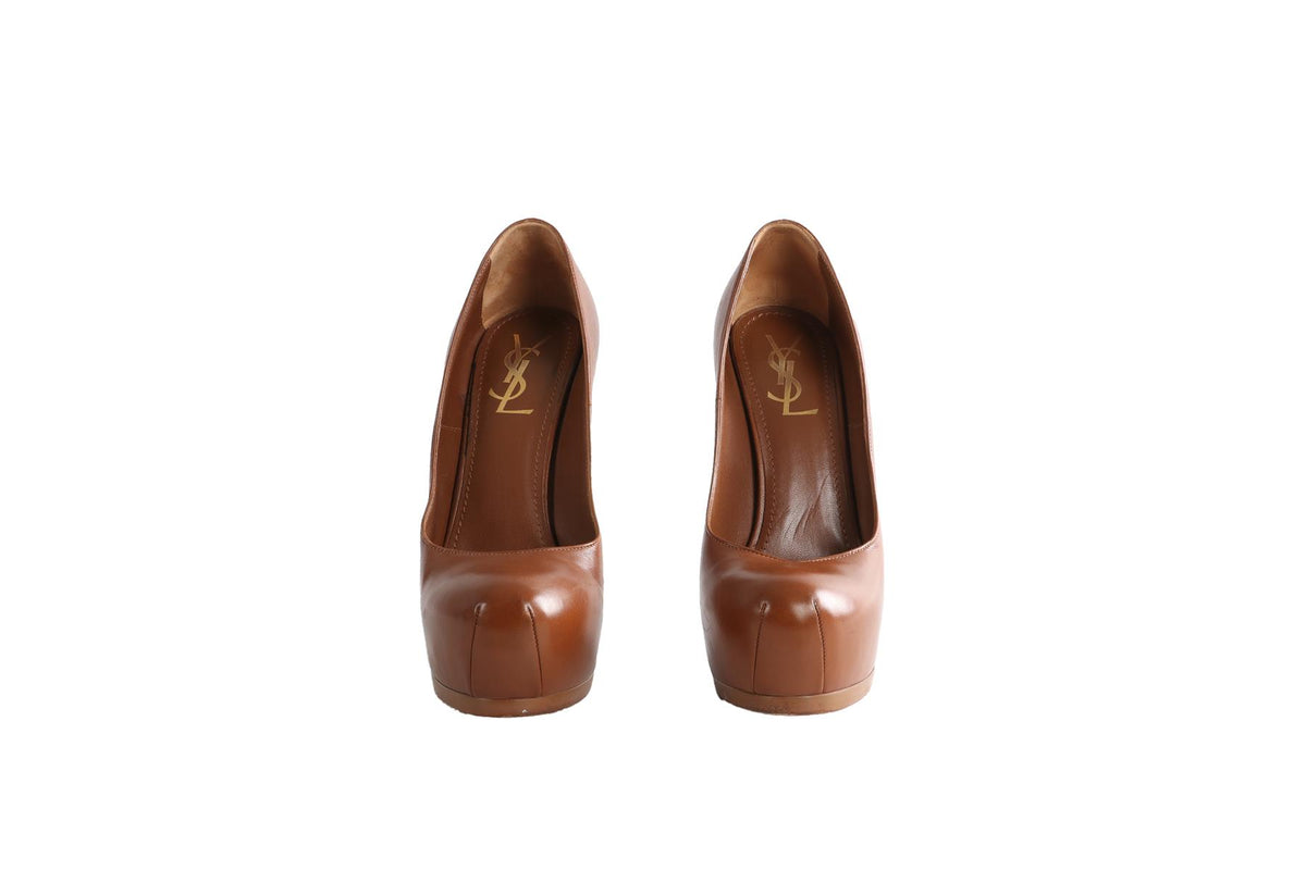 YVES SAINT LAURENT BROWN LEATHER PLATFORM PUMPS EU 39 UK 6 US 9
