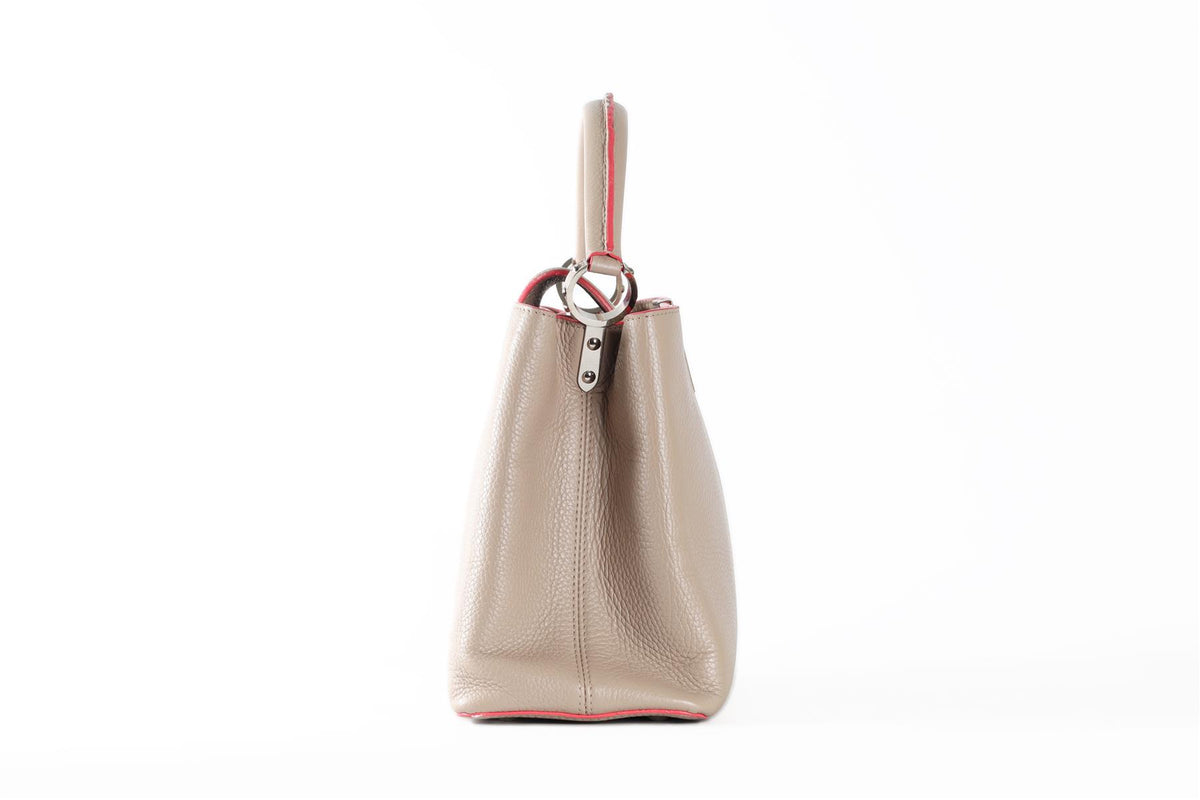 LOUIS VUITTON TAUPE 2014 CAPUCINES MM TAURILLON LEATHER TOTE BAG