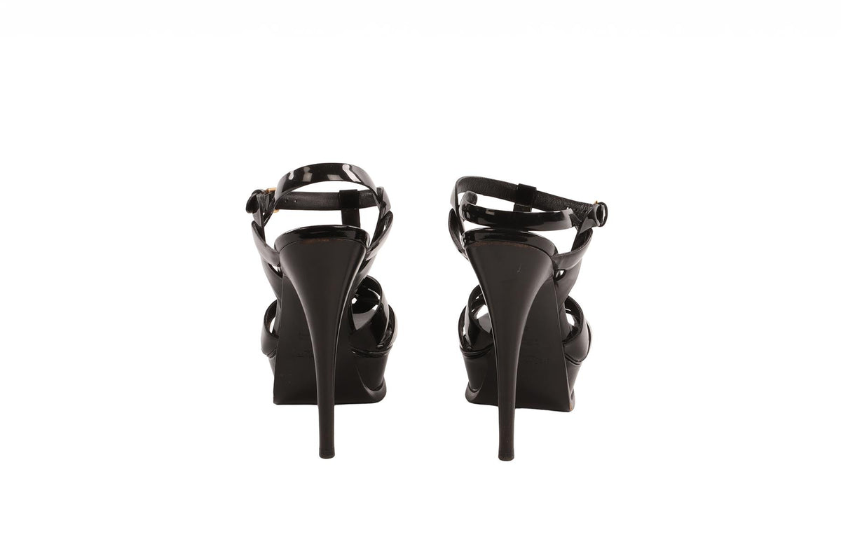 YVES SAINT LAURENT BLACK TRIBUTE PATENT LEATHER SANDALS EU 37 UK 4