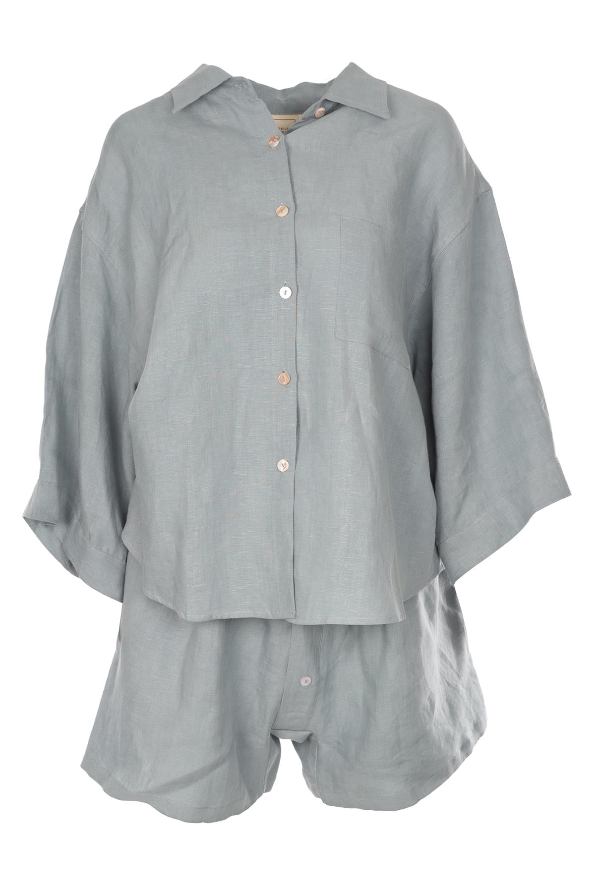 DEIJI STUDIOS BLUE LINEN SHORTS AND TOP SET SMALL-MEDIUM
