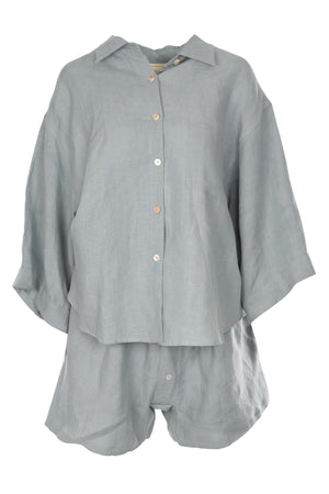 DEIJI STUDIOS BLUE LINEN SHORTS AND TOP SET SMALL-MEDIUM