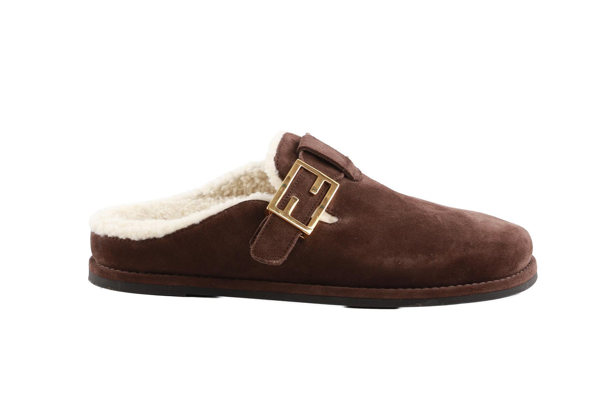 FENDI BROWN FEEL SHEARLING AND SUEDE MULES EU 38 UK 5 US 8