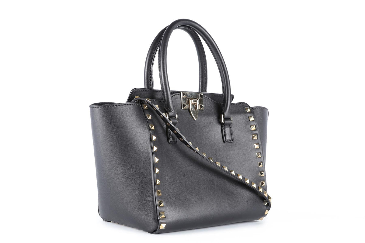VALENTINO GARAVANI BLACK ROCKSTUD SMALL LEATHER TOTE BAG