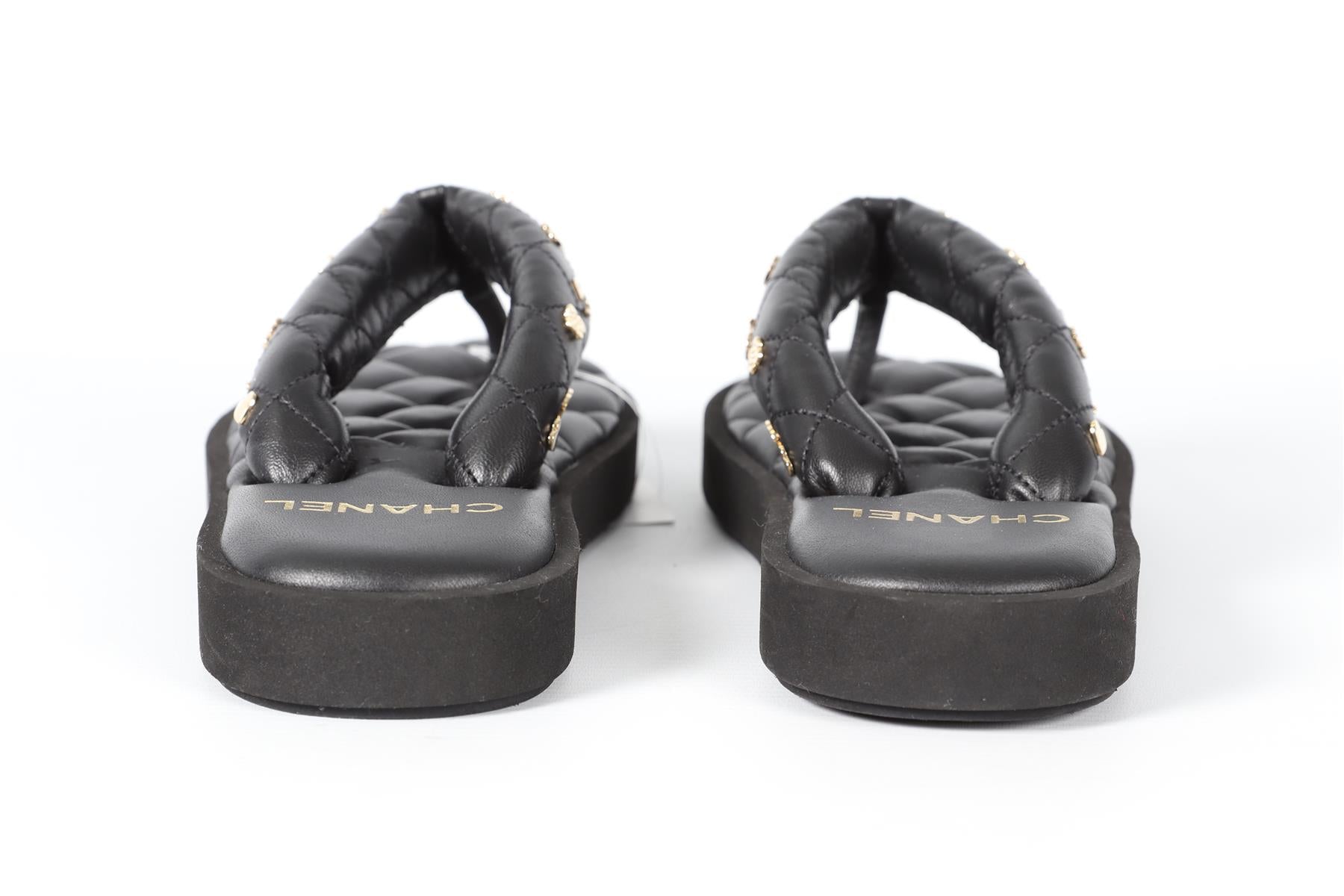 CHANEL BLACK 2023 QUILTED LEATHER THONG SANDALS EU 38 UK 5 US 8