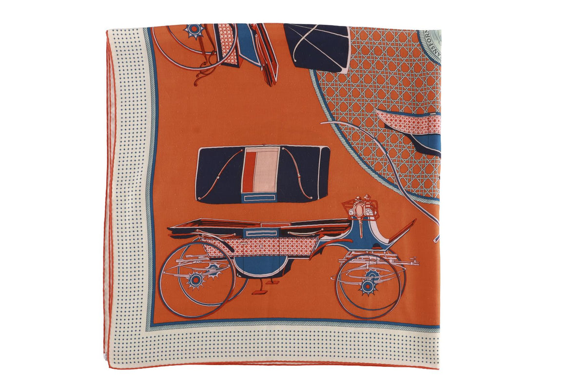 HERMÈS ORANGE LES VOITURES A TRANSFORMATION CASHMERE SCARF 134CM