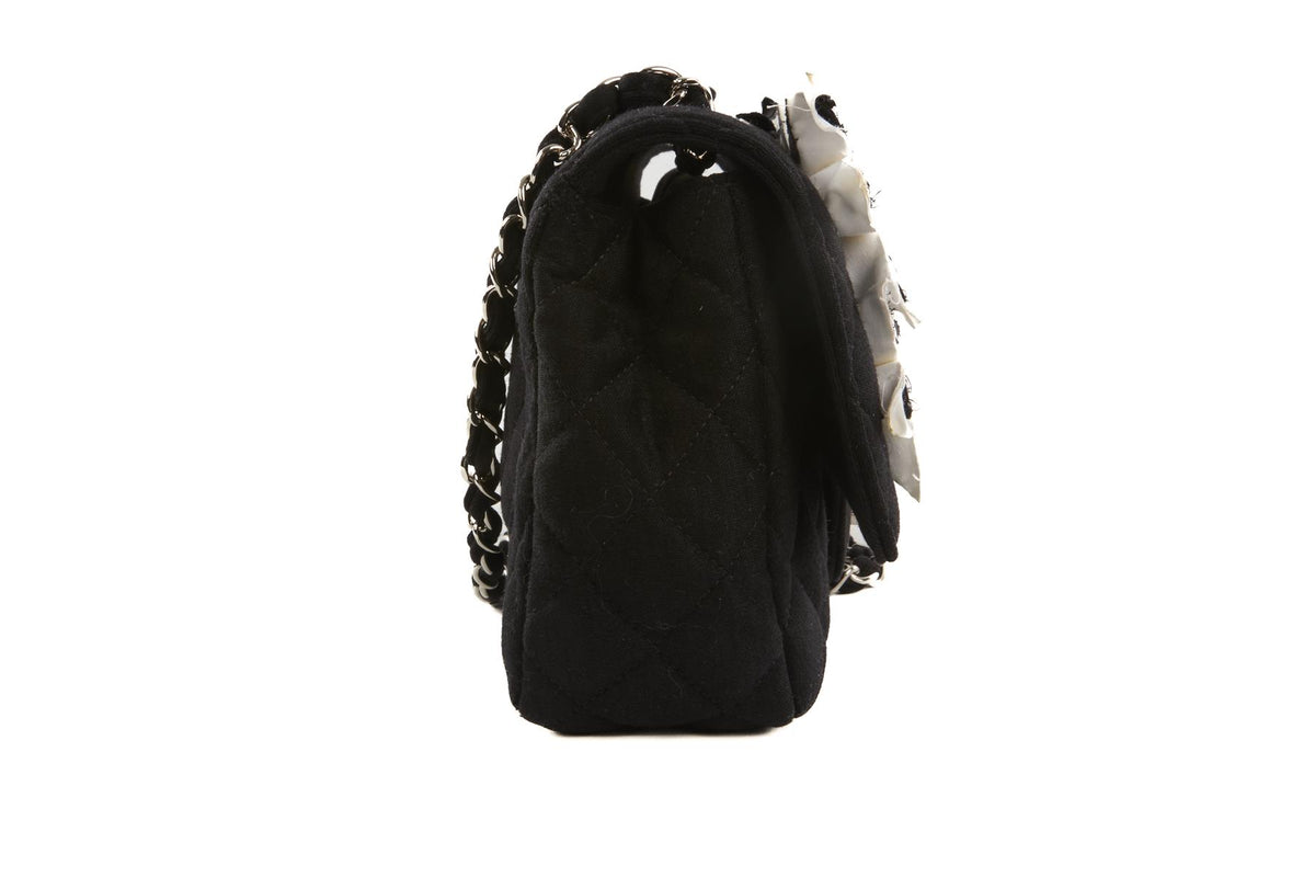 CHANEL BLACK FABRIC FLOWER EMBELLISHED MEDIUM SINGLE FLAP SHOULDER BAG