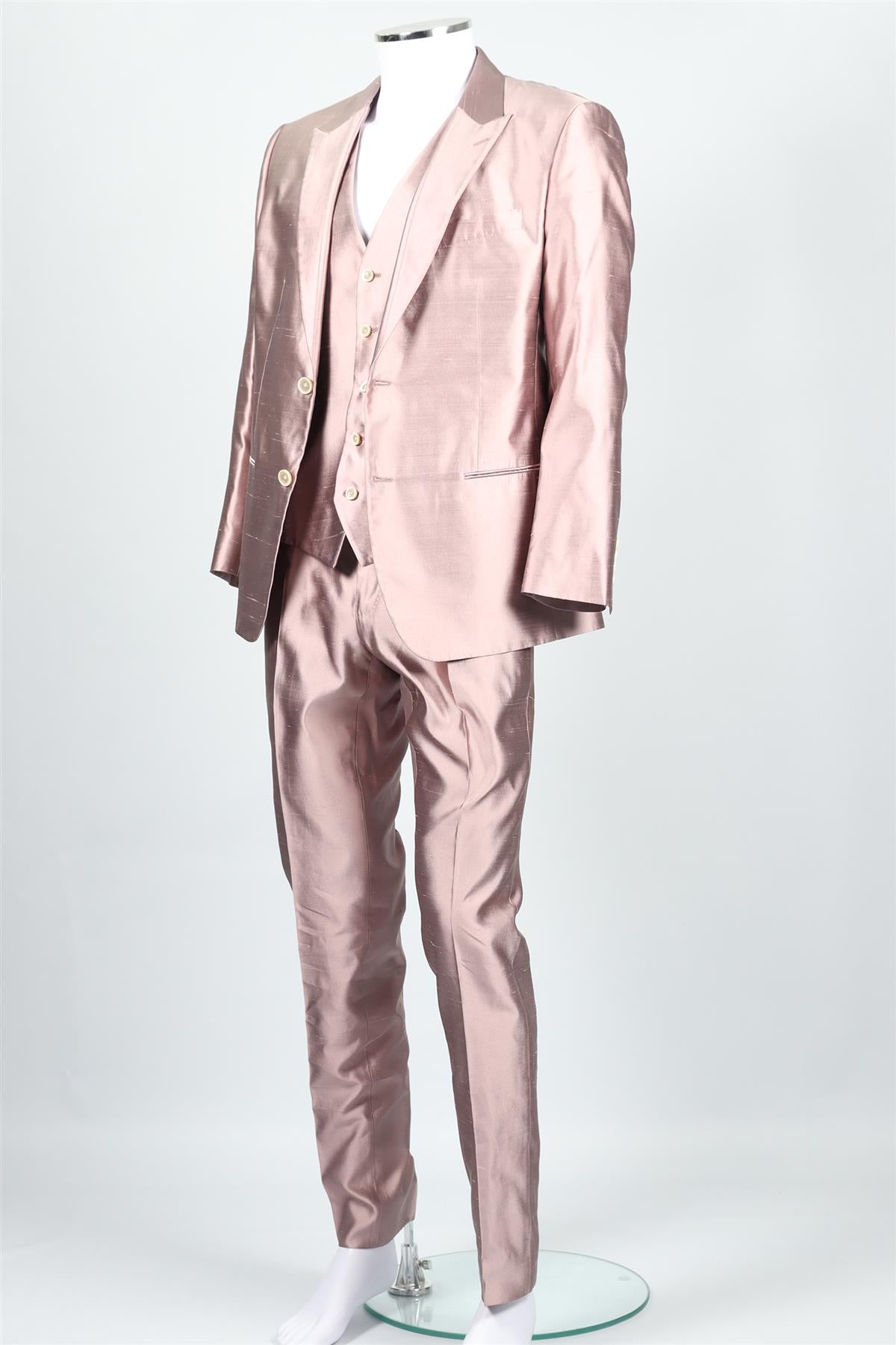 DOLCE & GABBANA PINK MEN'S SILK THREE PIECE SUIT IT 52 UK 42