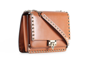 VALENTINO GARAVANI BROWN ROCKSTUD LEATHER SHOULDER BAG