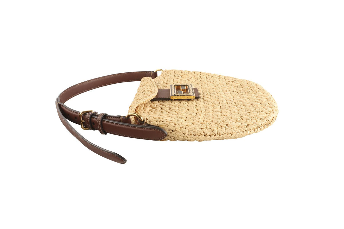 FENDI BEIGE CROISSANT SMALL RAFFIA TOTE BAG