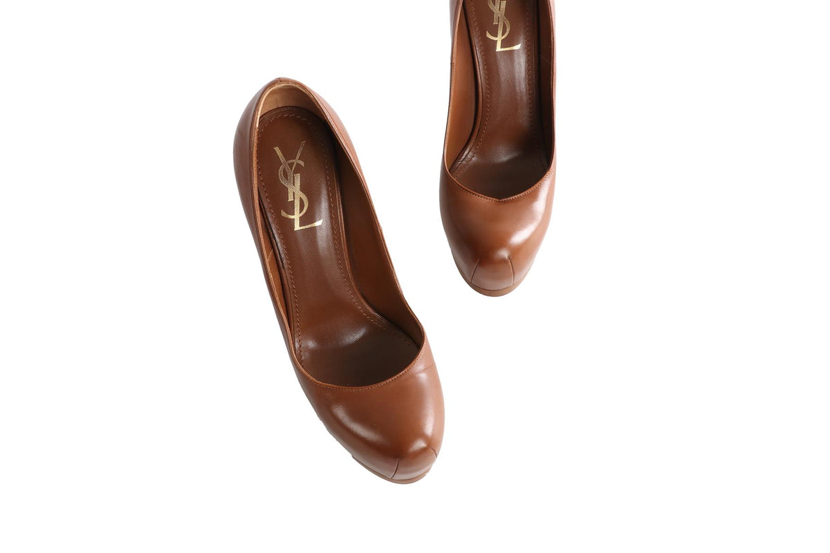 YVES SAINT LAURENT BROWN LEATHER PLATFORM PUMPS EU 39 UK 6 US 9