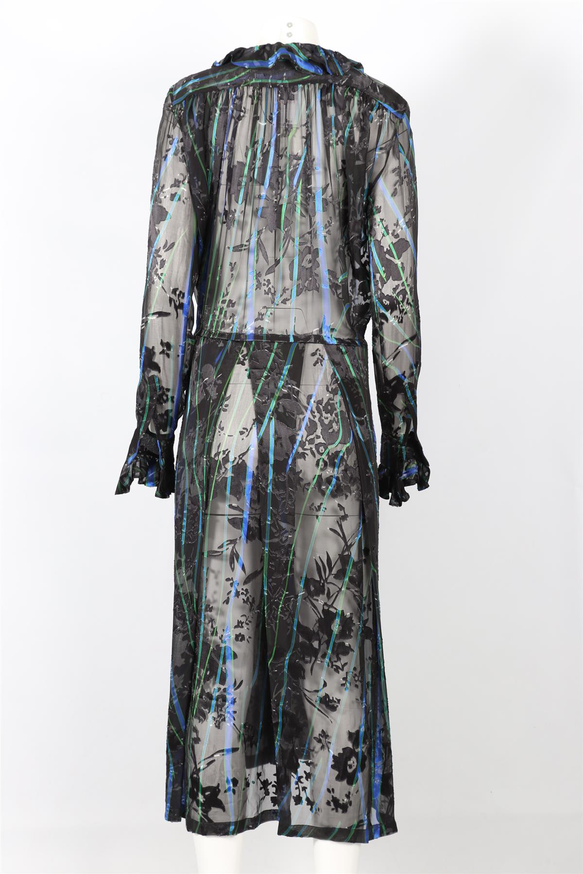 PREEN BY THORNTON BREGAZZI BLACK, BLUE AND GREEN PRINTED CREPE MAXI DRESS MEDIUM