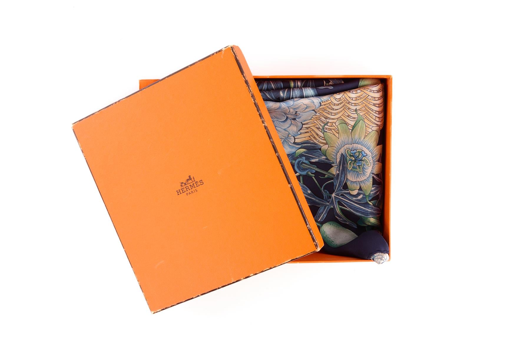 HERMÈS NAVY PASSIFLORES SILK SCARF