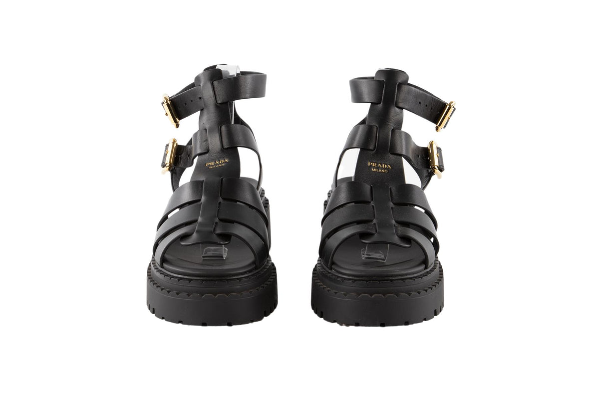 PRADA BLACK LEATHER PLATFORM SANDALS EU 38 UK 5 US 8