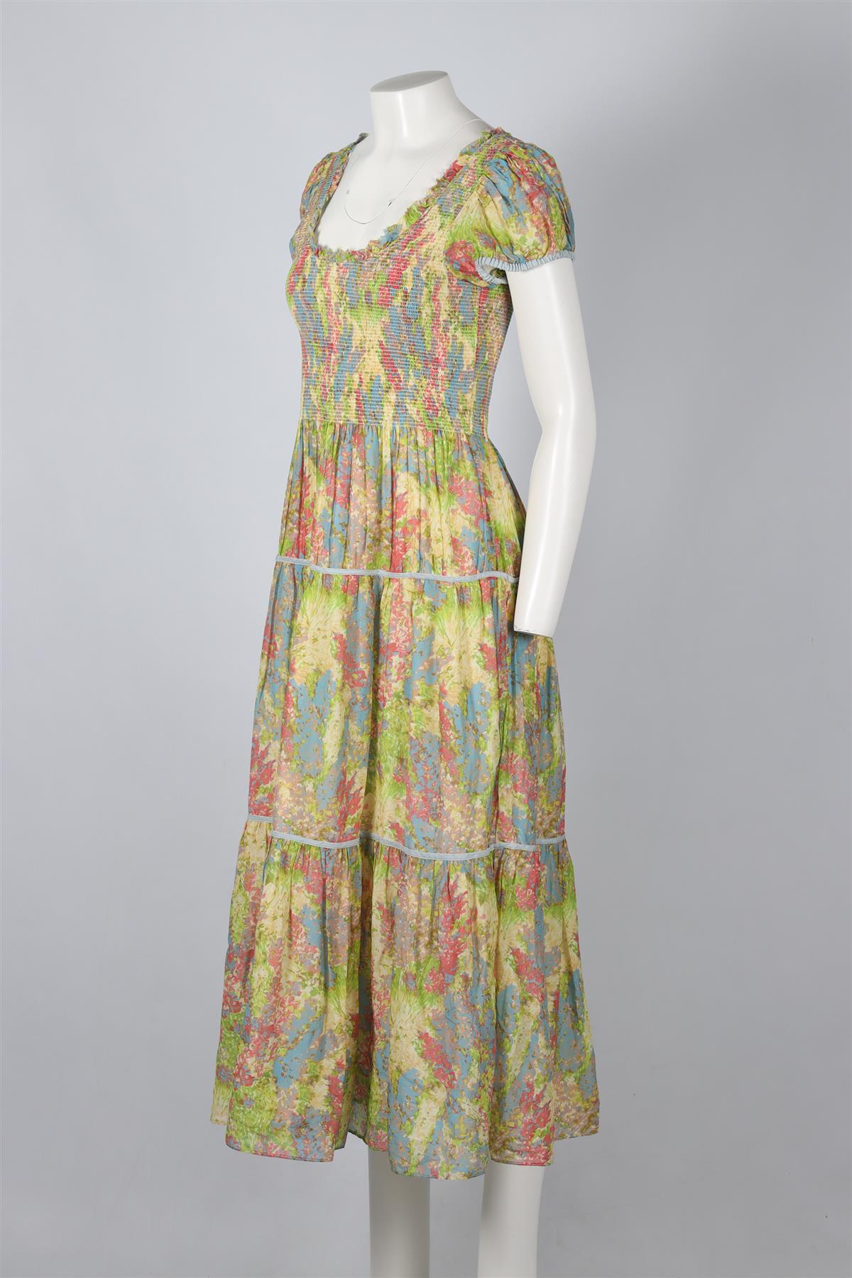 LOVESHACKFANCY MULTICOLOURED FLORAL PRINT COTTON BLEND MAXI DRESS SMALL