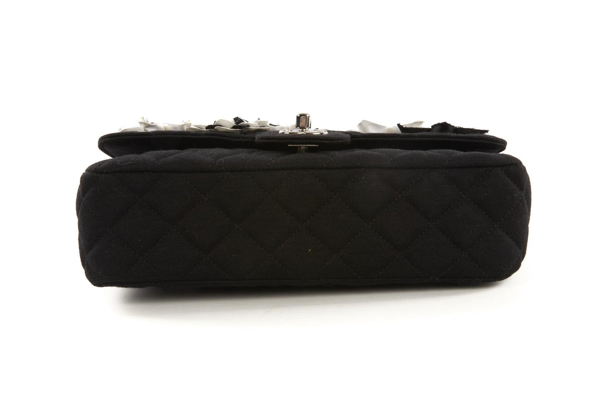 CHANEL BLACK FABRIC FLOWER EMBELLISHED MEDIUM SINGLE FLAP SHOULDER BAG