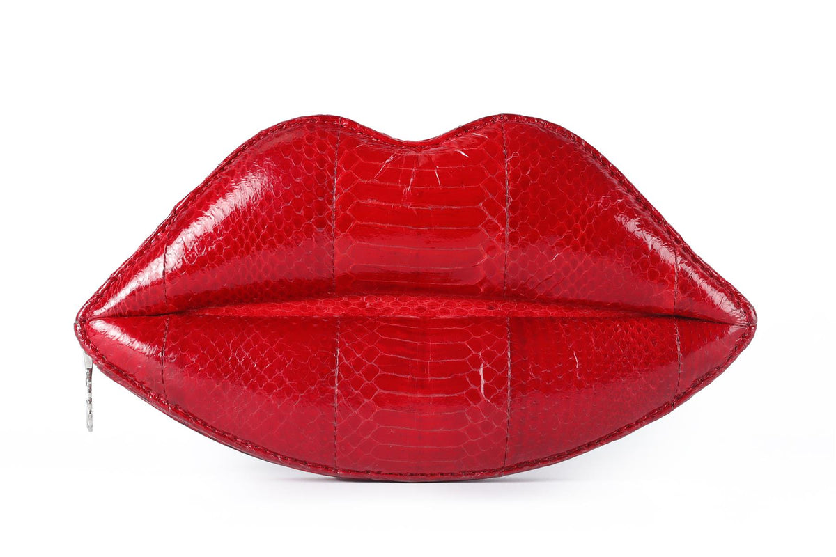 LULU GUINNESS RED LIPS SNAKESKIN CLUTCH