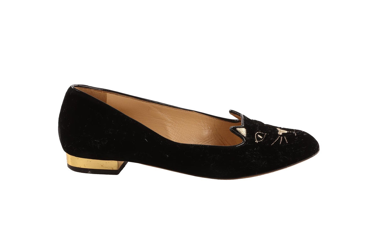 CHARLOTTE OLYMPIA BLACK VELVET BALLET FLATS EU 37.5 UK 4.5