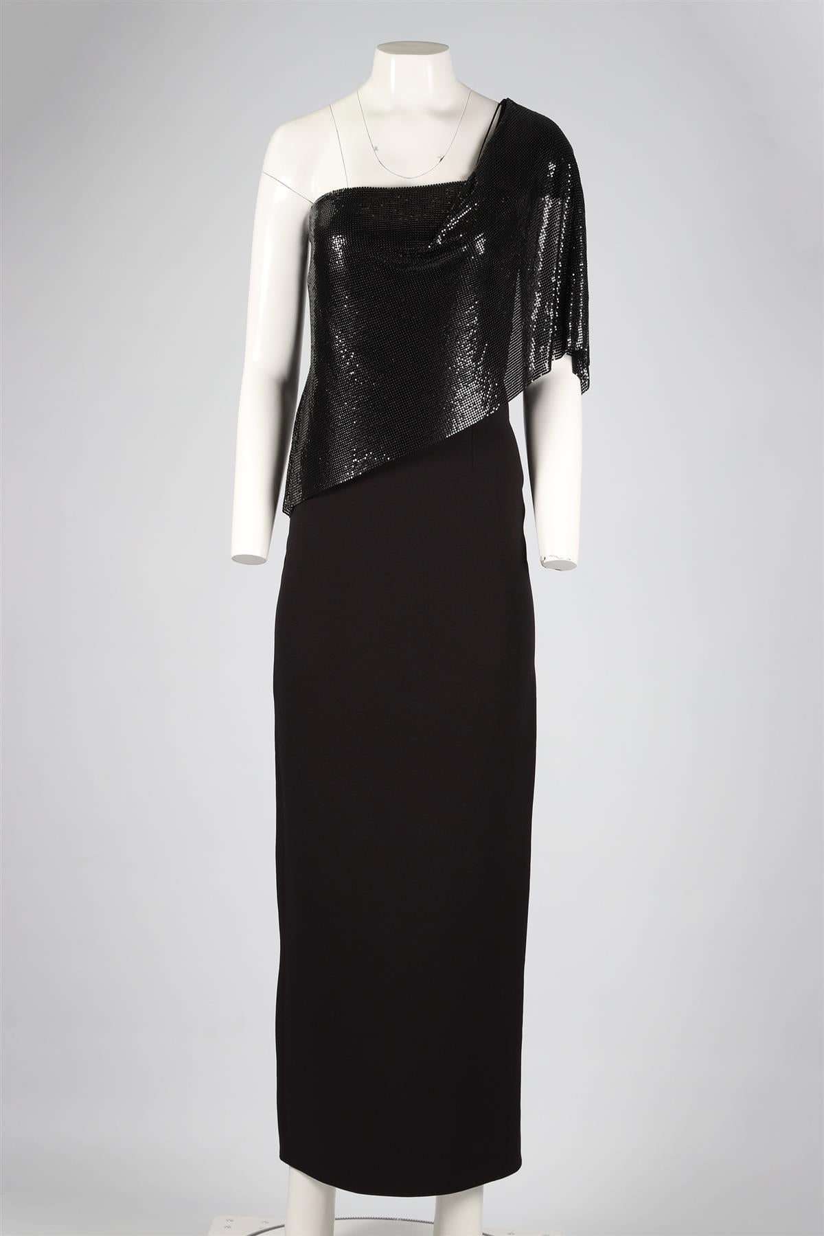 SAFIYAA BLACK CHAINMAIL AND CREPE MAXI DRESS UK 10
