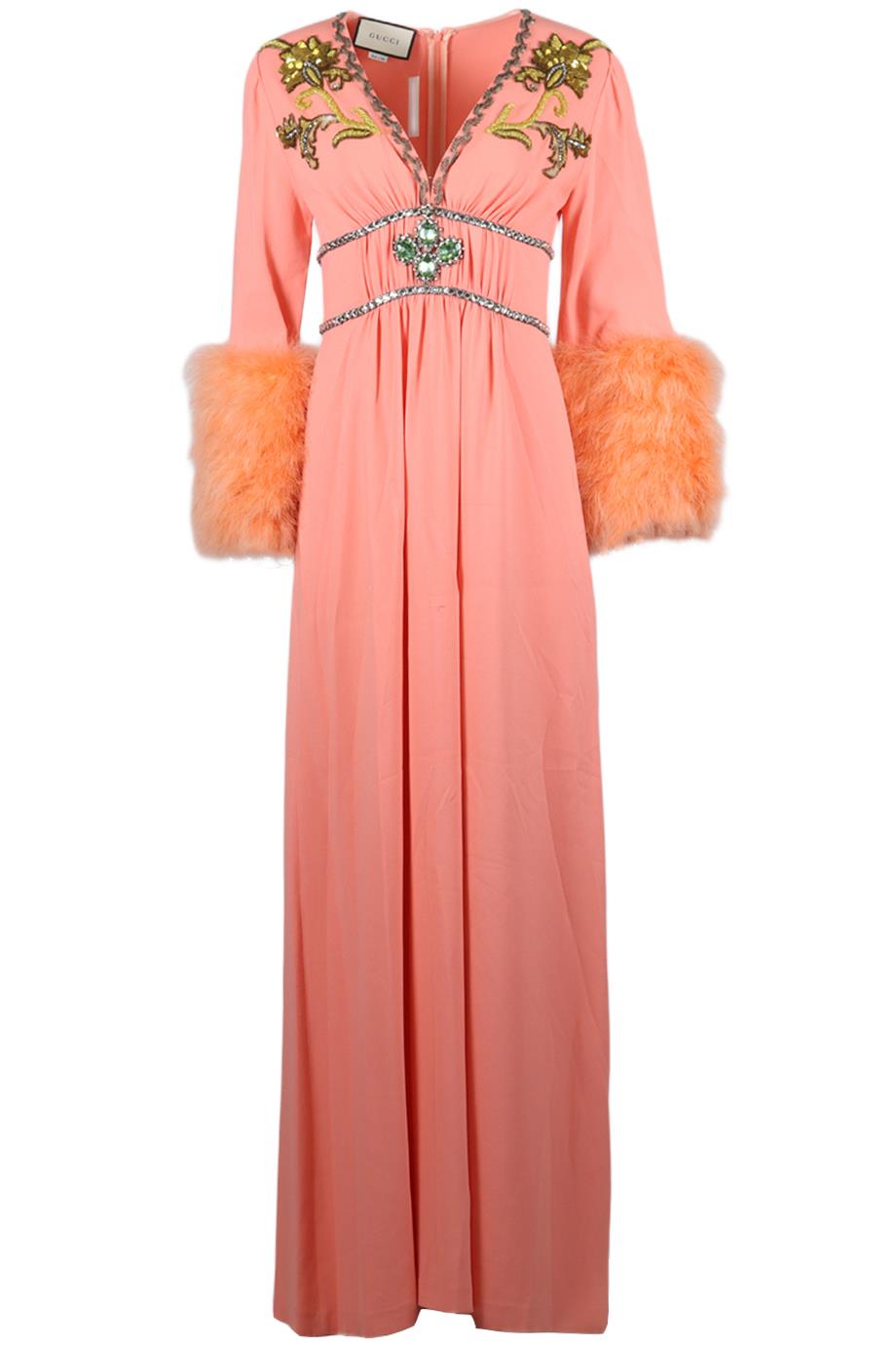 GUCCI FEATHER TRIMMED EMBELLISHED JERSEY GOWN SMALL-MEDIUM