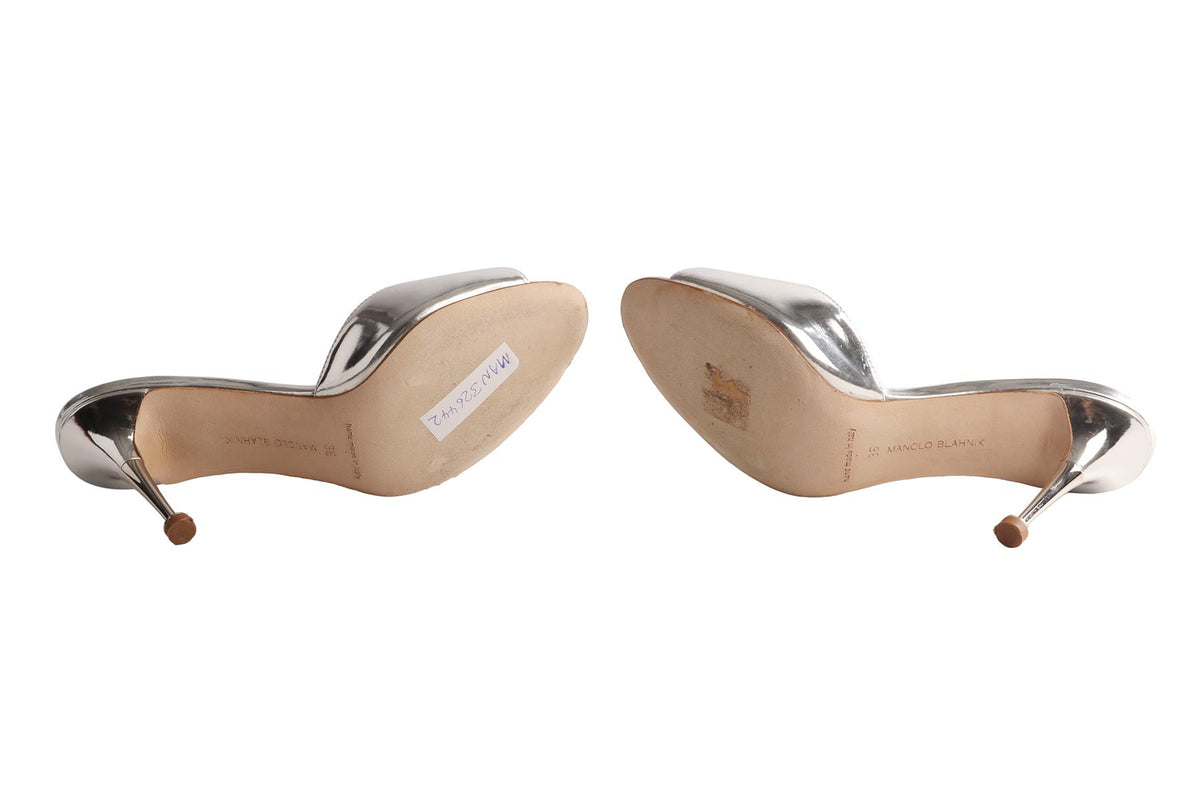 MANOLO BLAHNIK SILVER PATENT SANDALS EU 38 UK 5