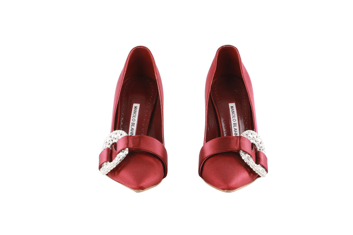 MANOLO BLAHNIK BURGUNDY CRYSTAL AND SATIN PUMPS EU 37 UK 4 US 7