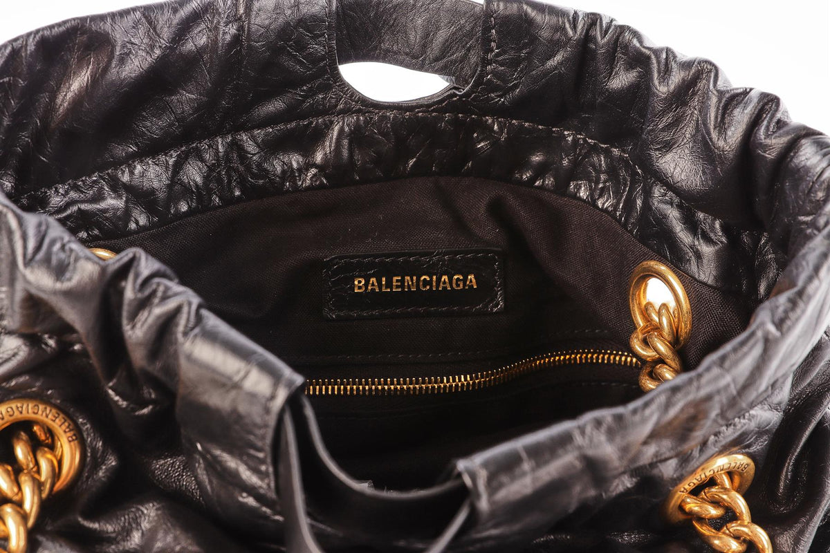 BALENCIAGA BLACK CRUSH SMALL LEATHER TOTE BAG