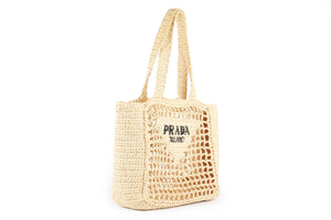 PRADA BEIGE SMALL RAFFIA TOTE BAG