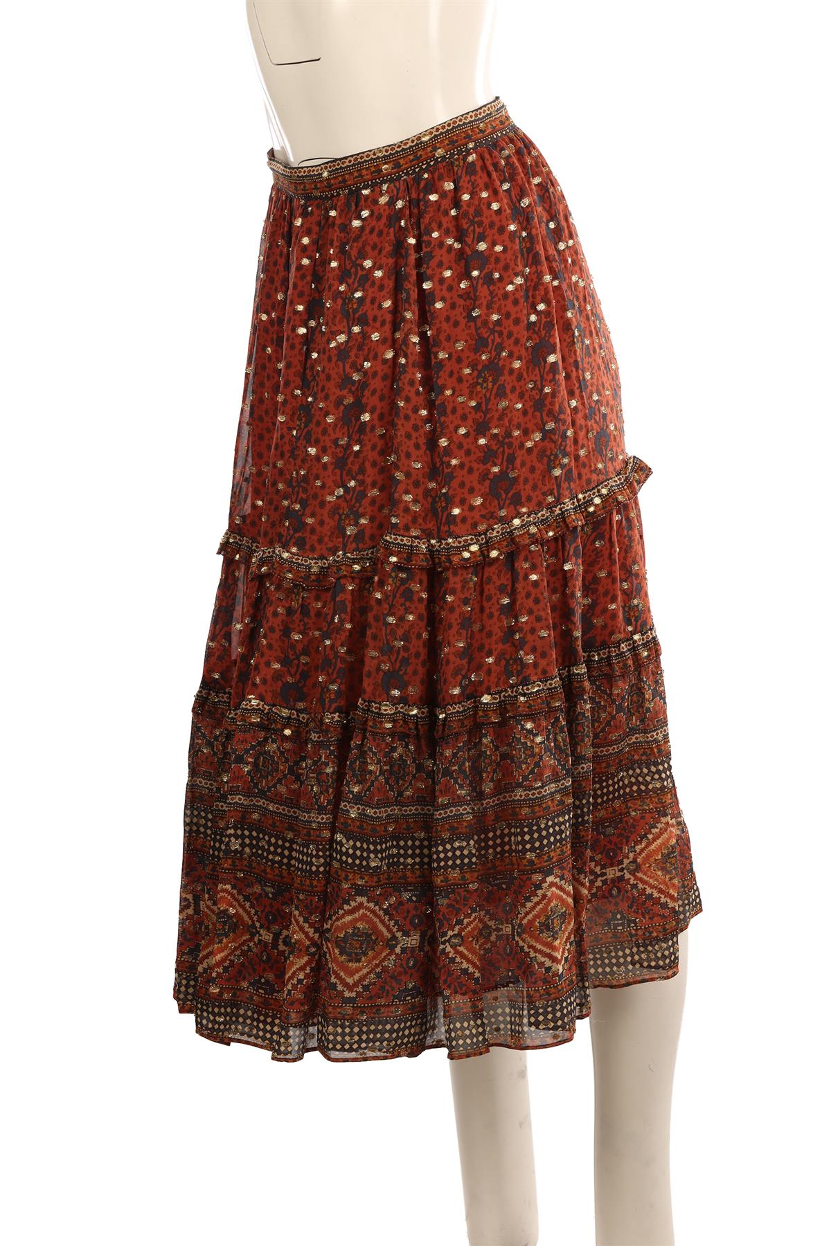 ULLA JOHNSON BROWN SILK MIDI SKIRT US 2 UK 6