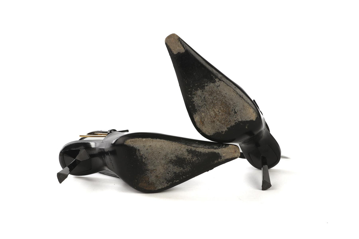 SAINT LAURENT BLACK LEE PATENT LEATHER SLINGBACK PUMPS EU 39.5 UK 6.5 US 9.5