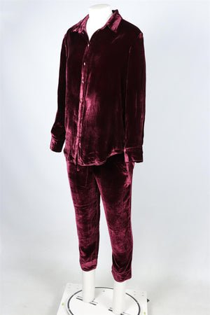 ASCENO BURGUNDY VELVET SHIRT AND TROUSERS SET XSMALL