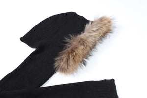 PAULIE BLACK CASHMERE AND FUR HOOD AND SCARF