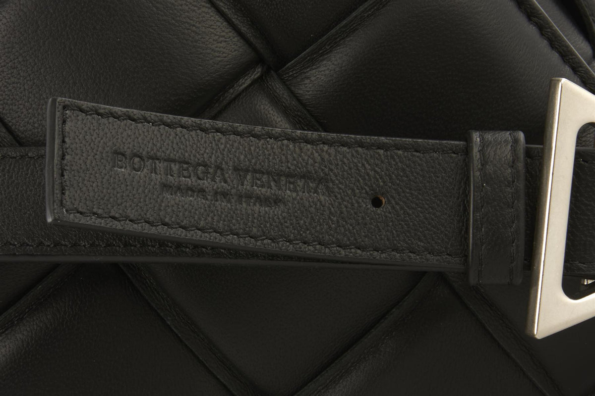 BOTTEGA VENETA BLACK CASSETTE MEDIUM PADDED INTRECCIATO LEATHER SHOULDER BAG