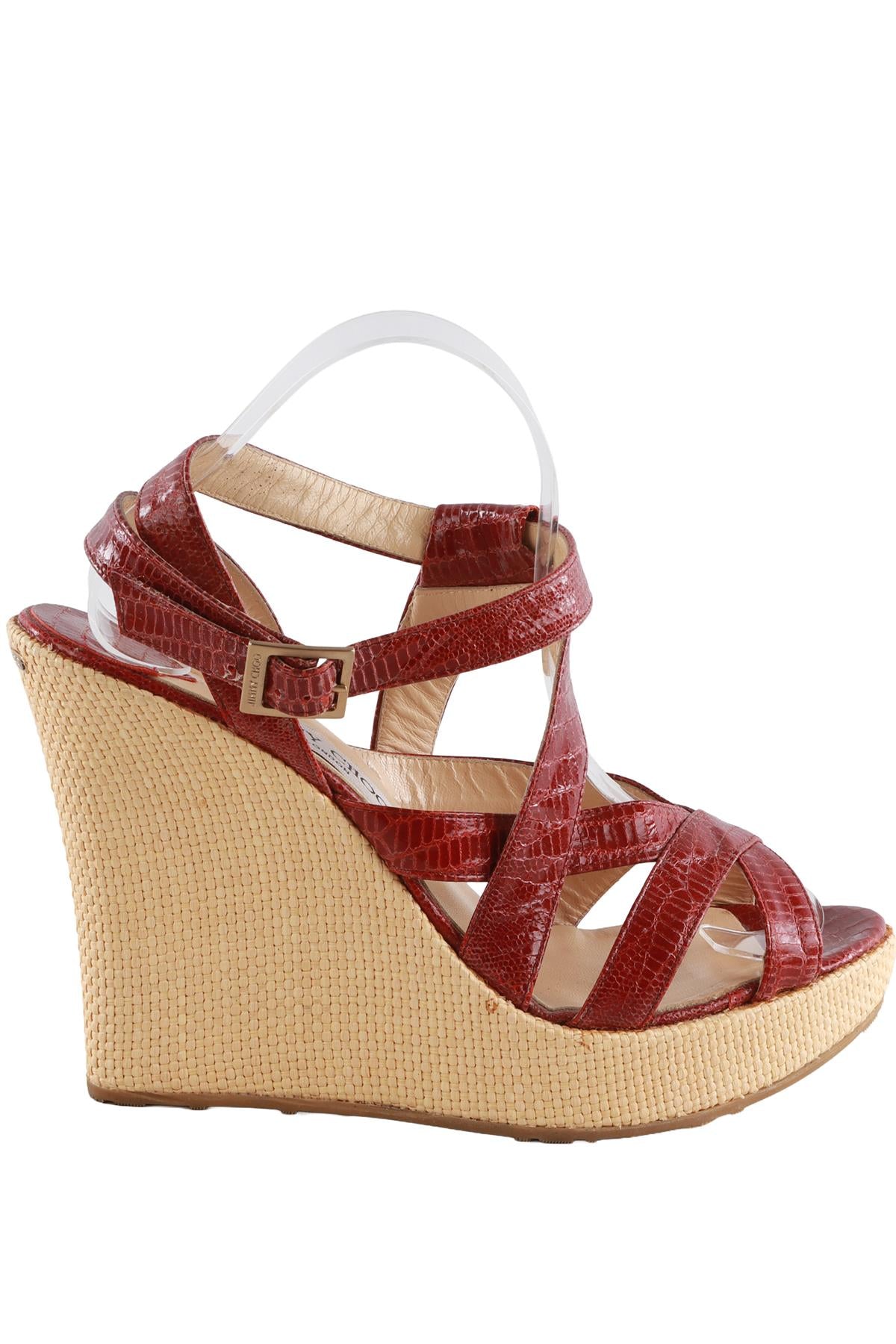 JIMMY CHOO RED LEATHER WEDGE SANDALS EU 40.5 UK 7.5 US 10.5