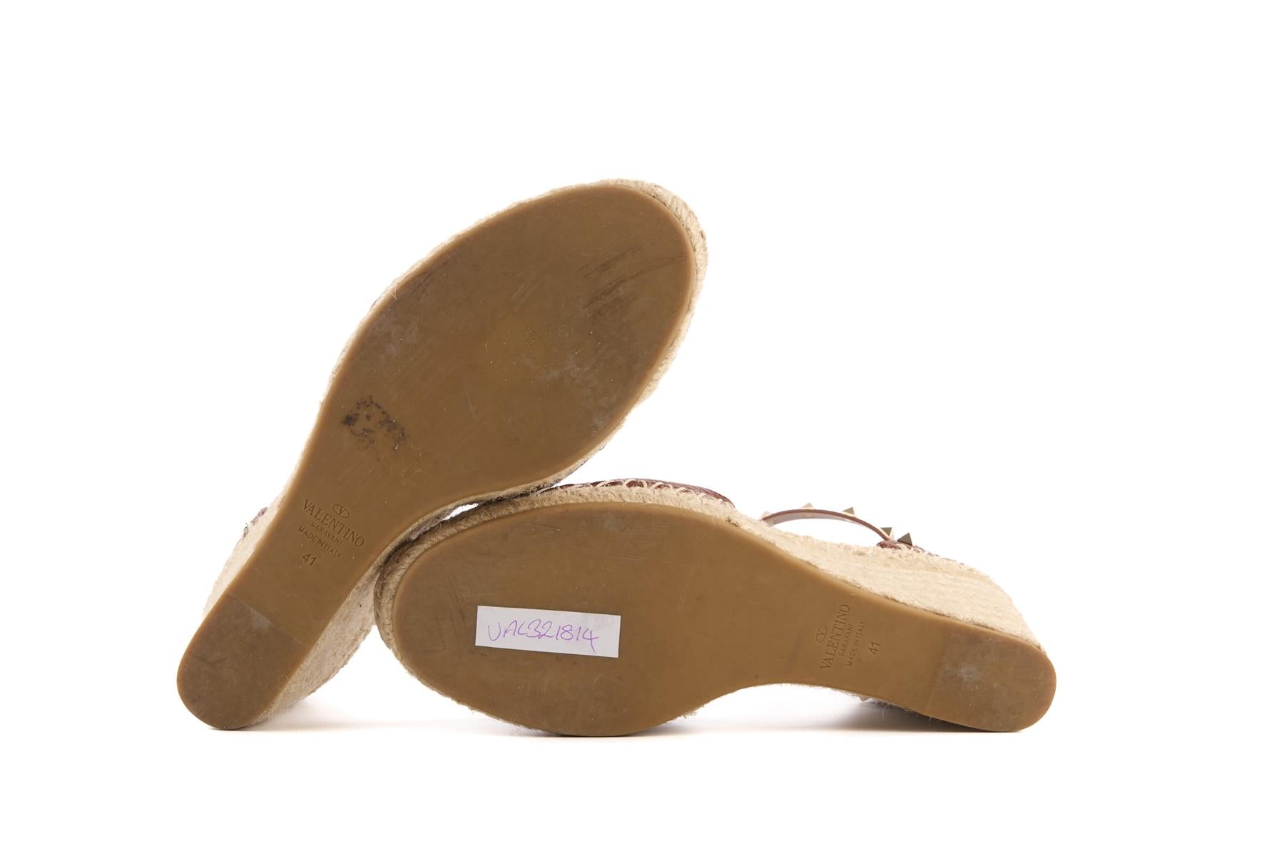 VALENTINO GARAVANI BROWN ROCKSTUD LEATHER WEDGE ESPADRILLES EU 41 UK 8 US 11
