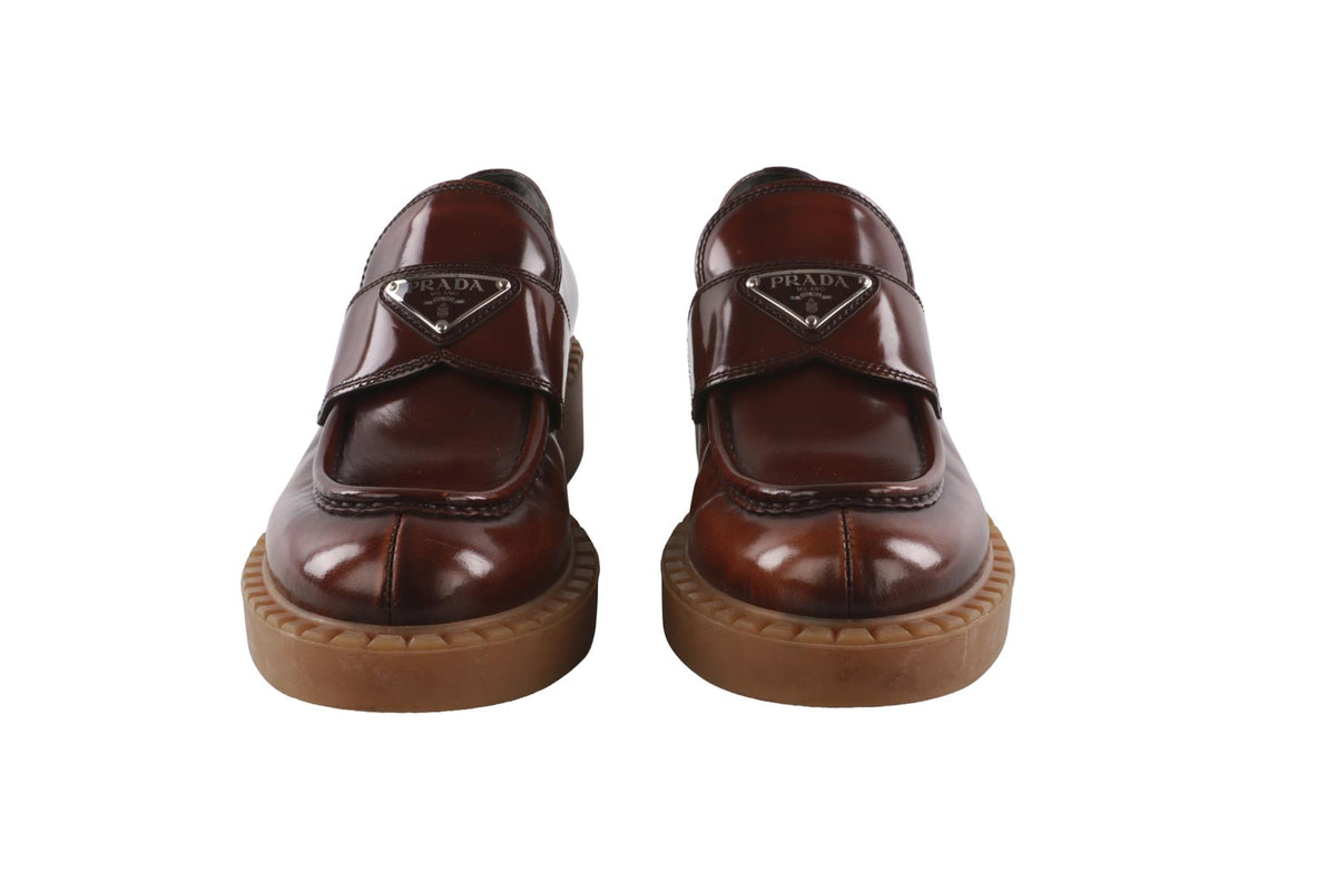 PRADA BROWN LEATHER PLATFORM LOAFERS EU 38 UK 5 US 8