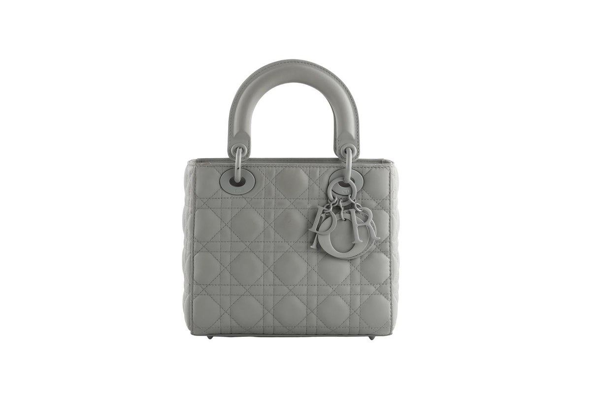 CHRISTIAN DIOR GREY LADY DIOR MY ABCDIOR SMALL ULTRAMATTE CANNAGE LEATHER TOTE BAG
