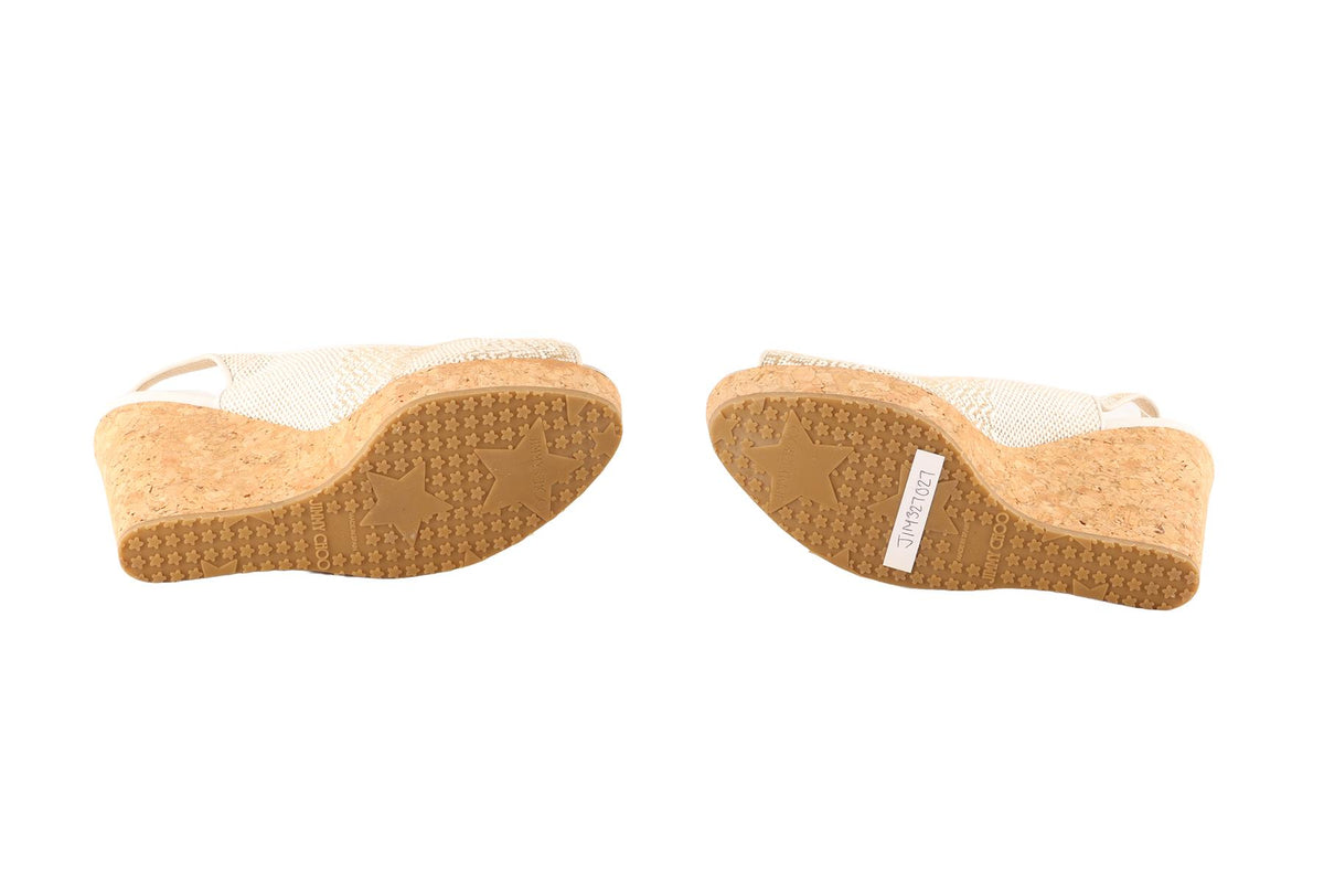 JIMMY CHOO WHITE FABRIC WEDGE SANDALS EU 39.5 UK 6.5 US 9.5