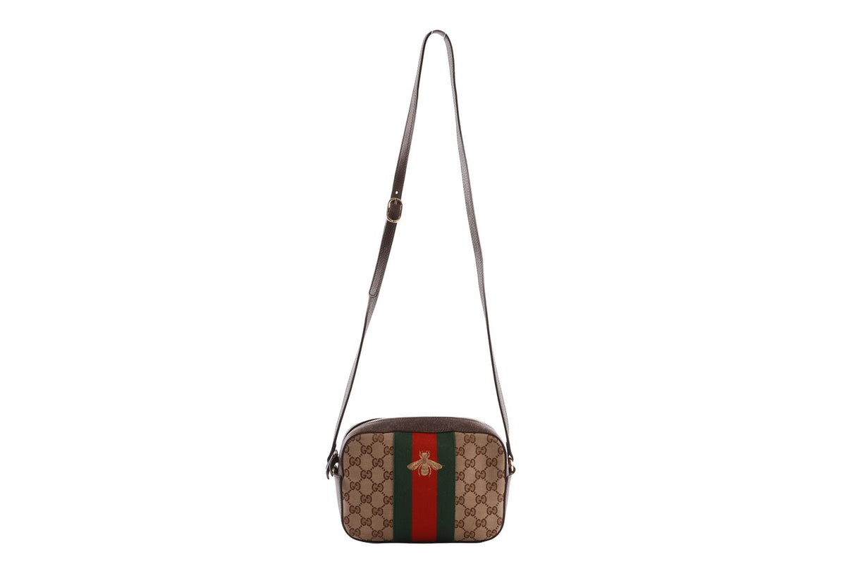 BROWN WEBBY BEE GG CANVAS SHOULDER BAG