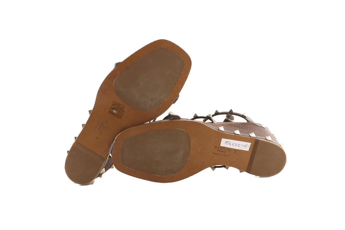 VALENTINO GARAVANI BROWN ROCKSTUD LEATHER WEDGE SANDALS EU 39 UK 6 US 9