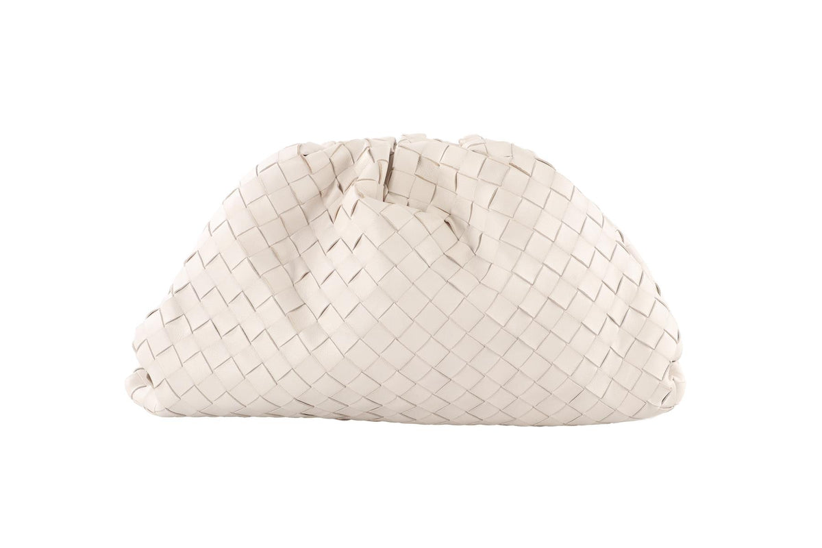 WHITE POUCH INTRECCIATO LEATHER CLUTCH