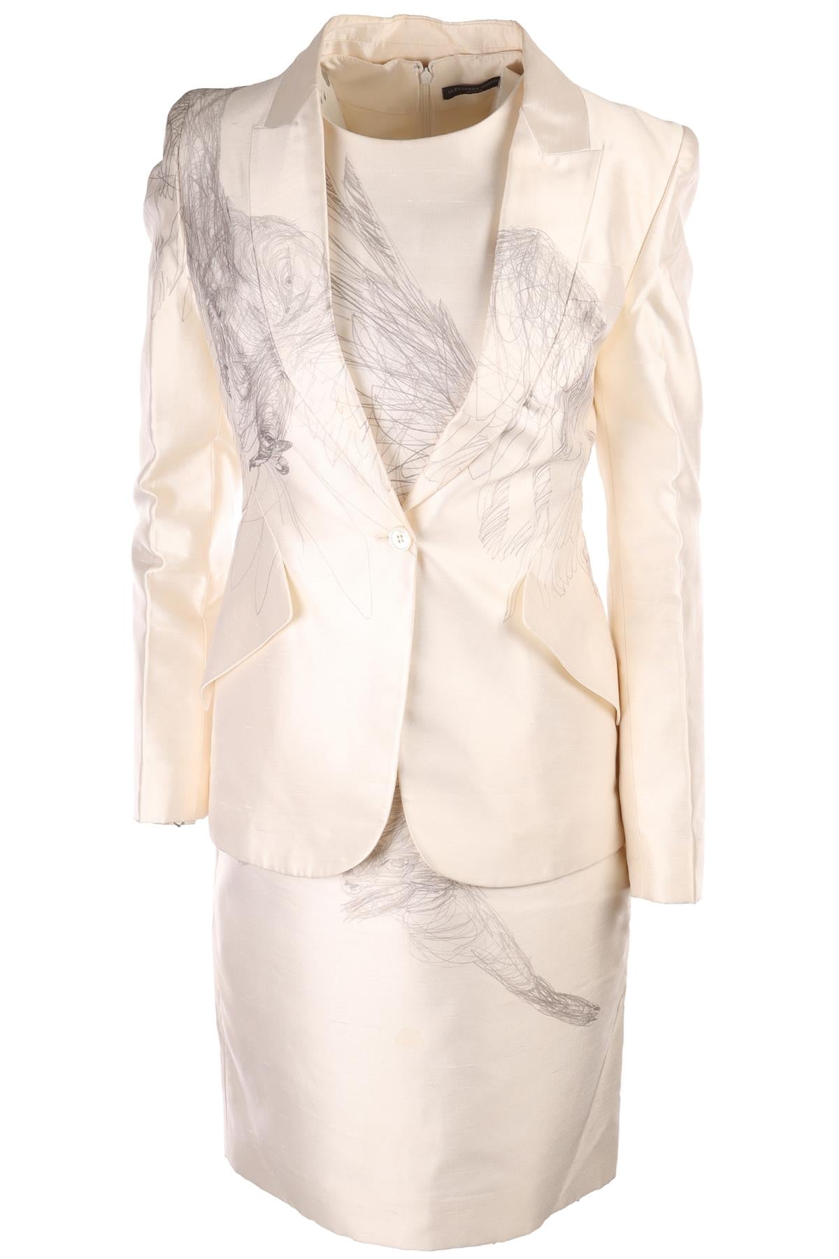 ALEXANDER MCQUEEN IVORY 2009 SILK BLAZER AND DRESS SET IT 42