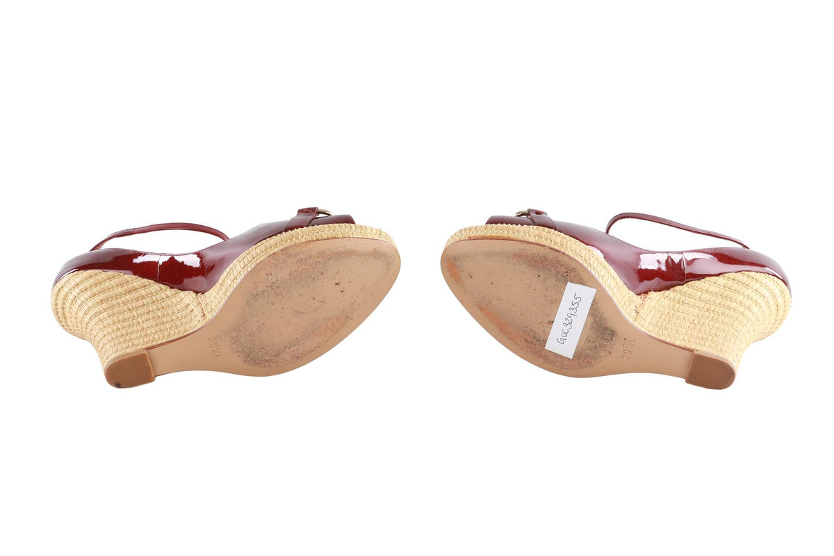 GUCCI BURGUNDY HORSEBIT PATENT LEATHER WEDGE SANDALS EU 39.5 UK 6.5 US 9.5