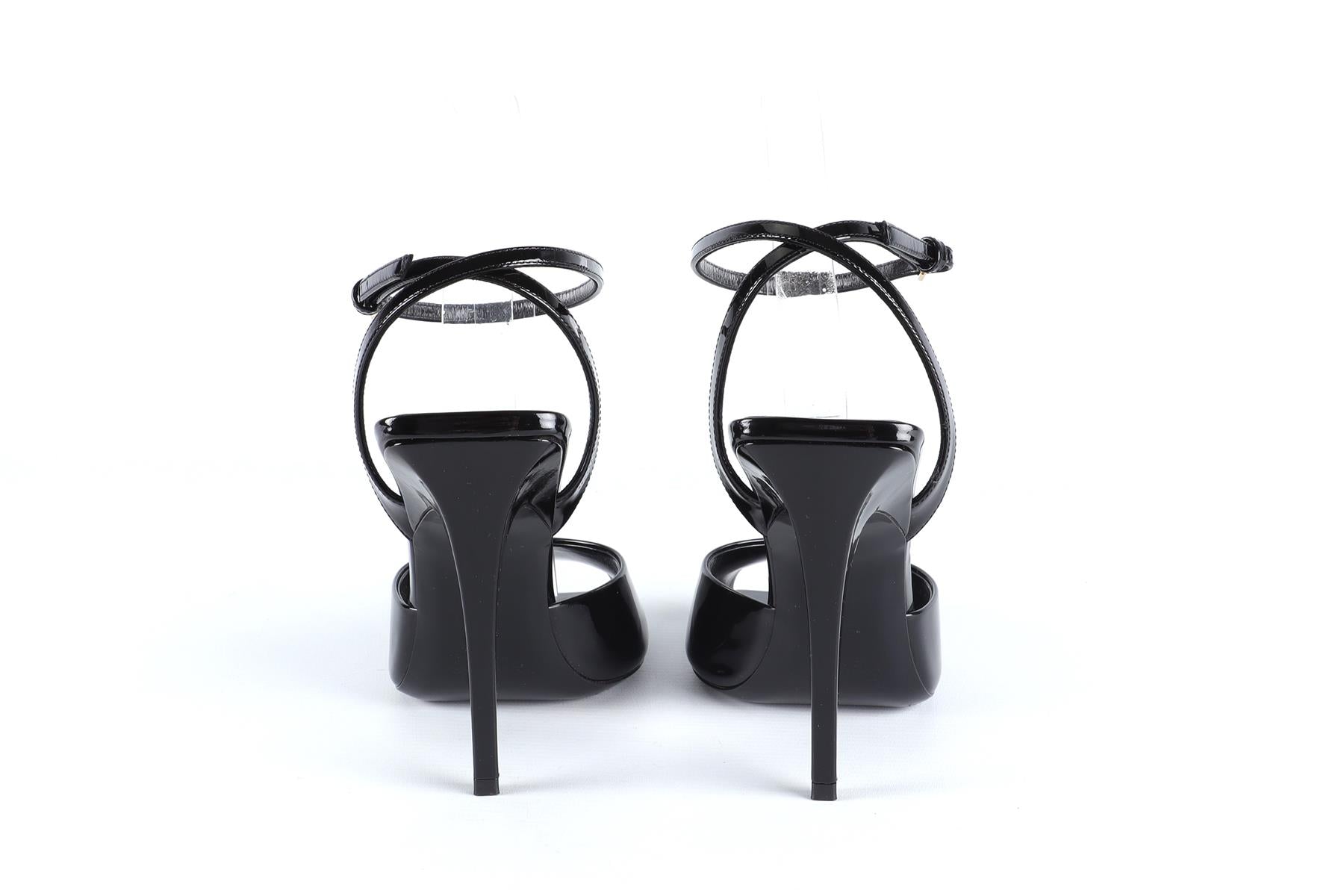 SAINT LAURENT BLACK LA SCANDALE PATENT LEATHER SANDALS EU 38.5 UK 5.5 US 8.5